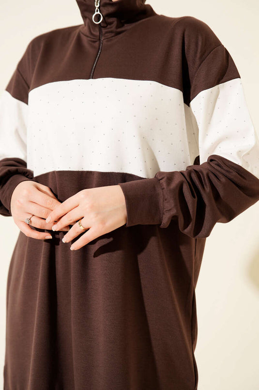 Mini Stone-Embellished Zippered Tunic Bitter Coffee