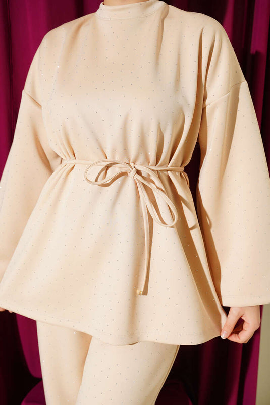 Mini Taşlı İp Kuşaklı Scuba İkili Takım Bej