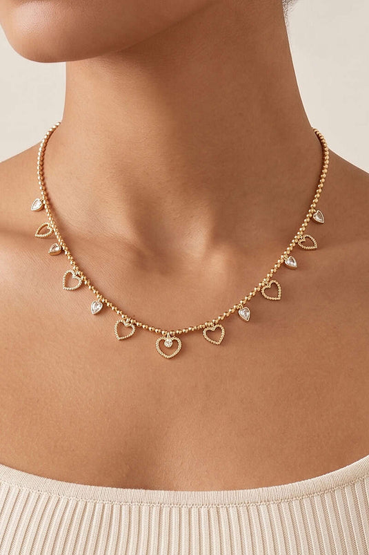 Mini Taşlı Kalp Süslemeli Kolye Gold