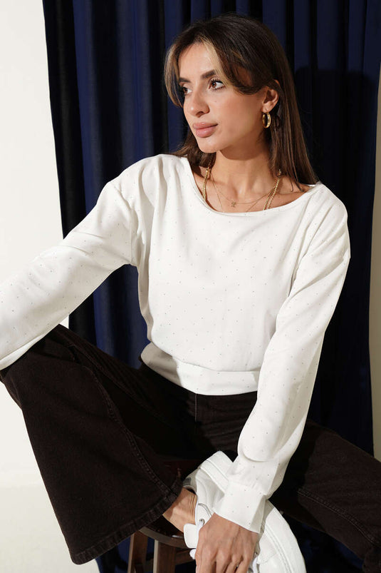 Blouse col bateau mini ornée de pierres écru