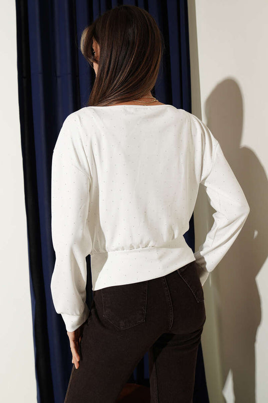 Blouse col bateau mini ornée de pierres écru