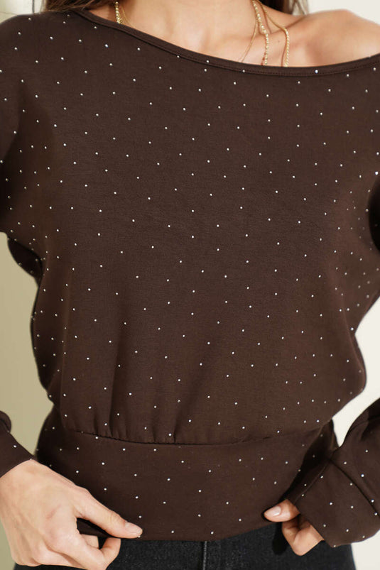 Blouse col bateau mini ornée de pierres marron