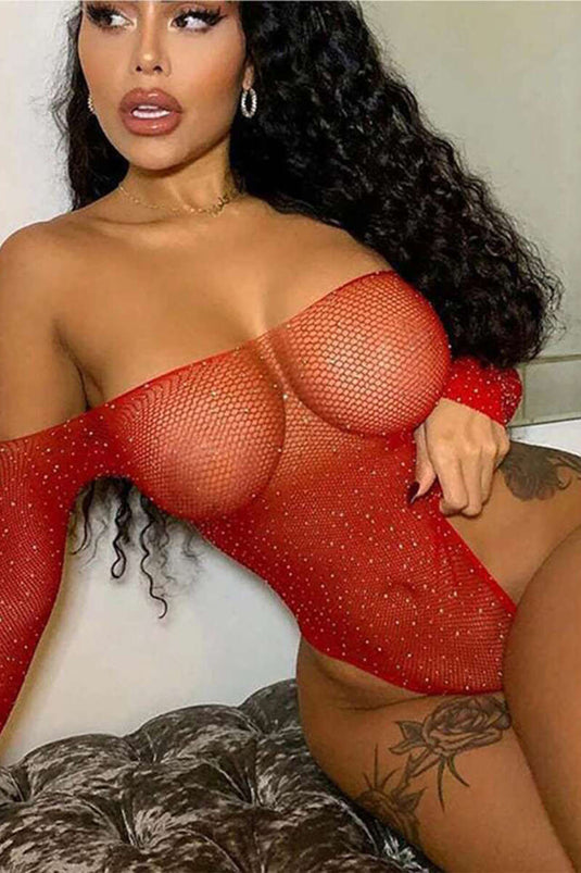 Mini Embellished Boat Neck Bodysuit Red