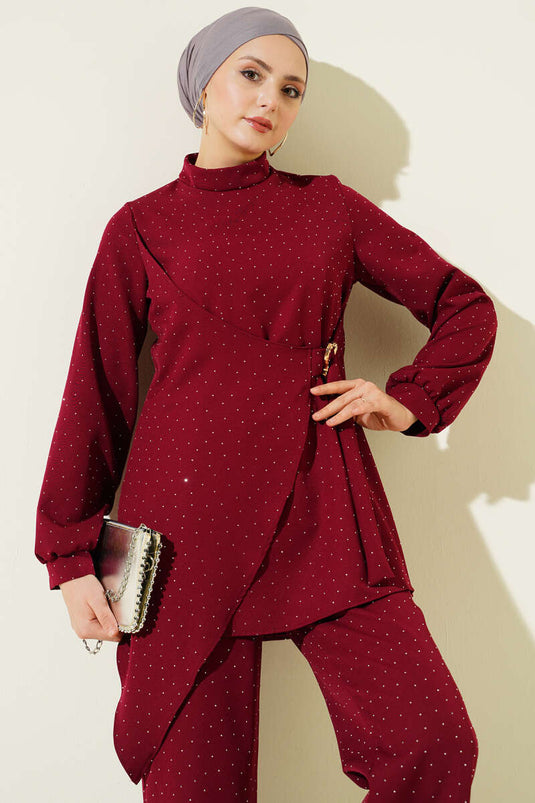 Mini Taşlı Kemer Detaylı İkili Takım Bordo