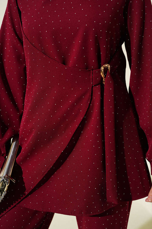 Ensemble Deux Pièces Bordeaux avec Ceinture Mini Pierre Détail
