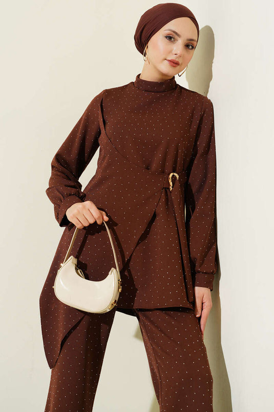 Mini Taşlı Kemer Detaylı İkili Takım Kahve