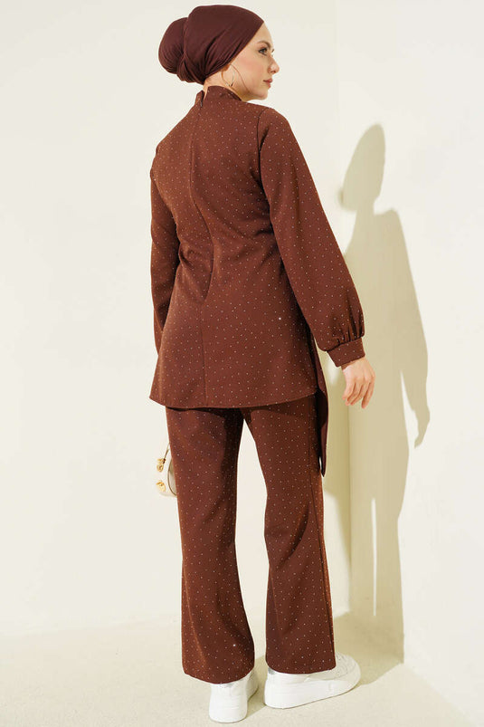 Mini Taşlı Kemer Detaylı İkili Takım Kahve