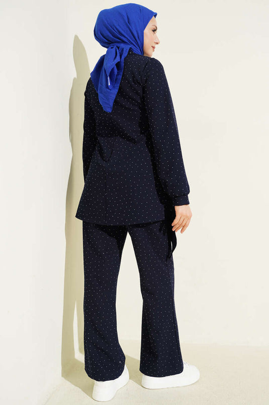 Mini Taşlı Kemer Detaylı İkili Takım Lacivert