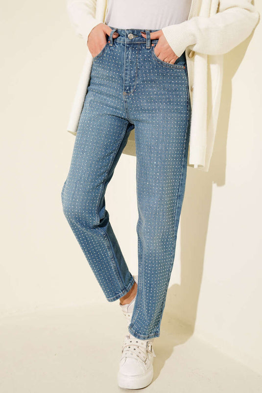 Mini Taşlı Kot Pantolon Açık Mavi