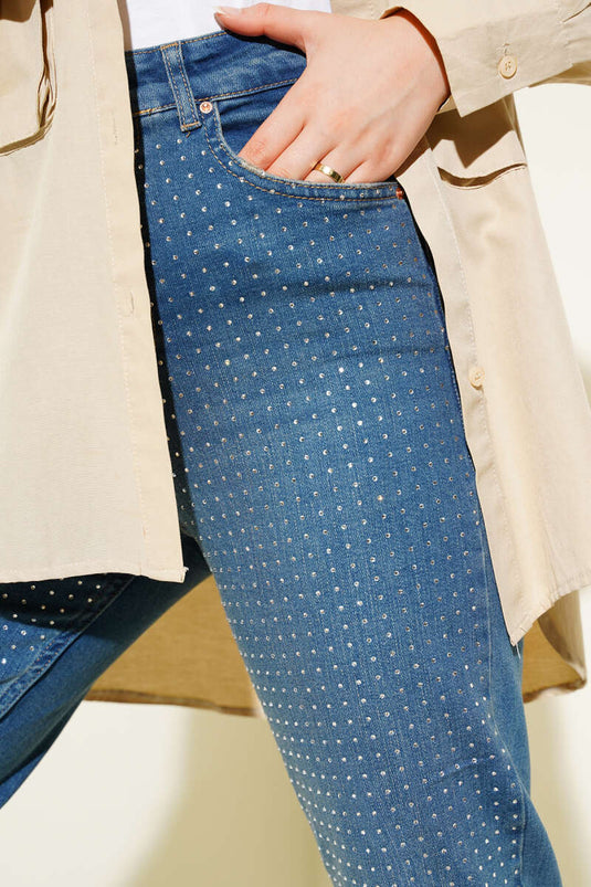 Mini Taşlı Kot Pantolon Tintli