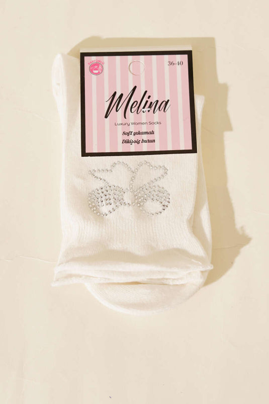 جوارب كاحل بشريط مزخرف صغير بلون عاجي