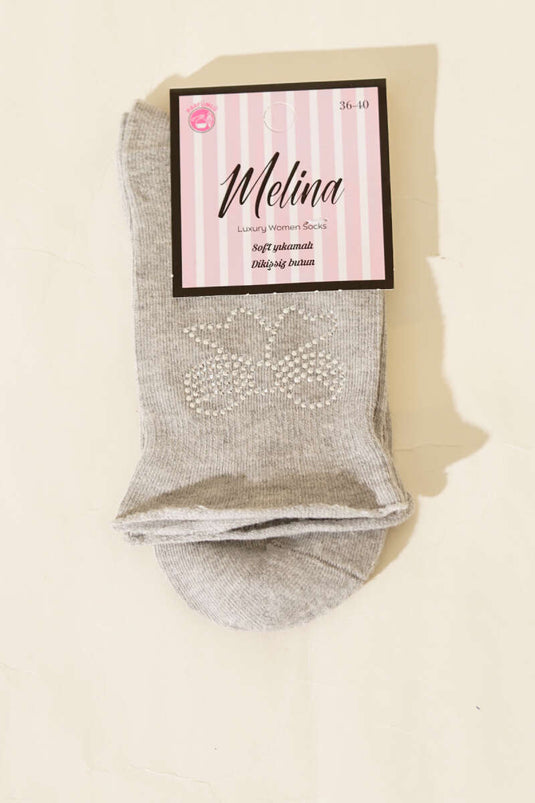 جوارب قصيرة مزينة بشريط صغير وحجر باللون الرمادي