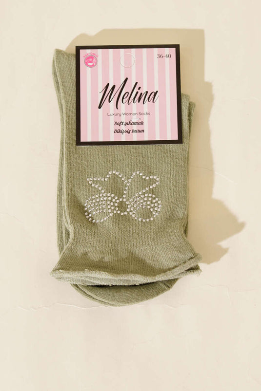 جوارب كاحل صغيرة بشريط مزخرف بلون زيتي