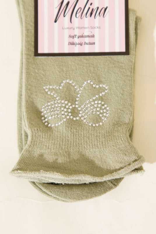 جوارب كاحل صغيرة بشريط مزخرف بلون زيتي