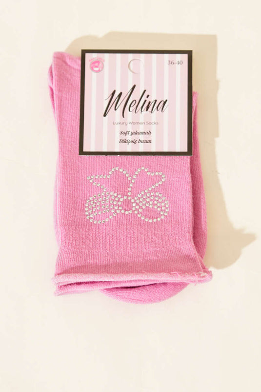 Mini Taşlı Kurdele Soket Çorap Pembe