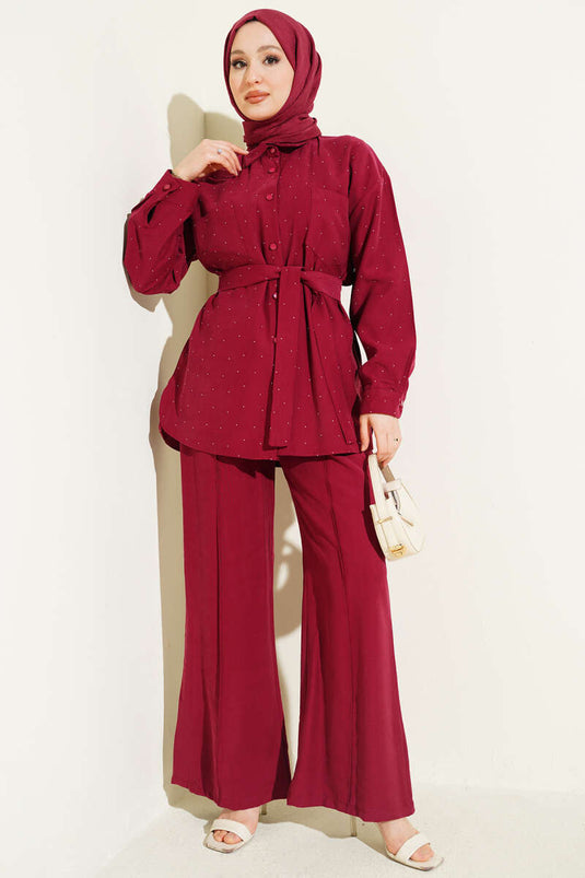 Ensemble Deux Pièces Mini Ceinturé à Strass Bordeaux