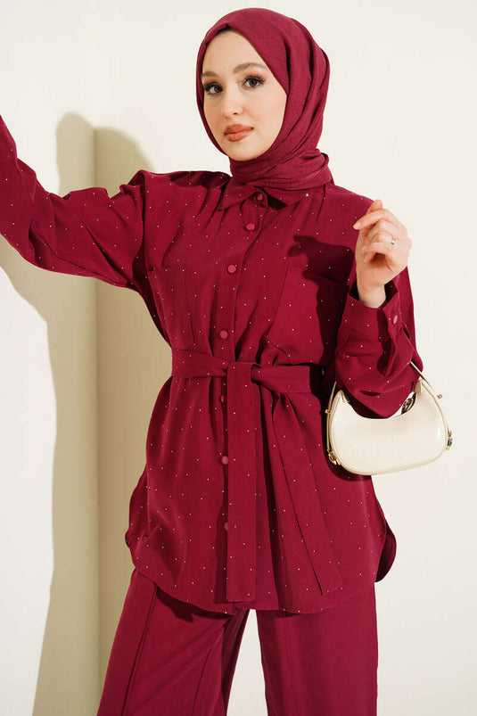 Ensemble Deux Pièces Mini Ceinturé à Strass Bordeaux