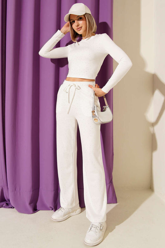 Mini Embellished Loisha Crop Two-Piece Set, Ecru