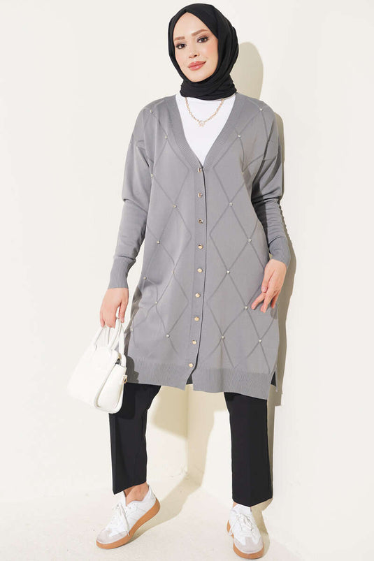 Cardigan In Merino Con Piccole Decorazioni Grigio