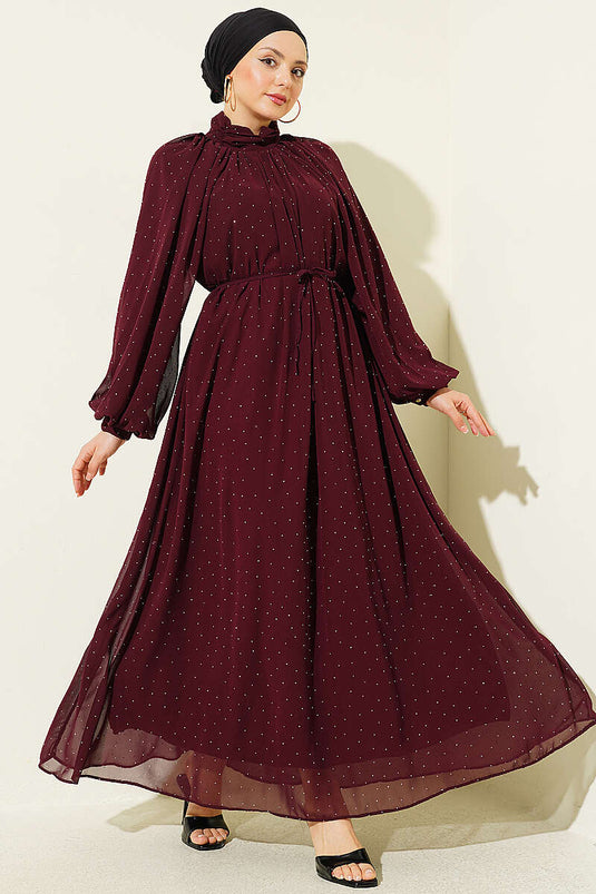 Mini Taşlı Şifon Abiye Elbise Mürdüm
