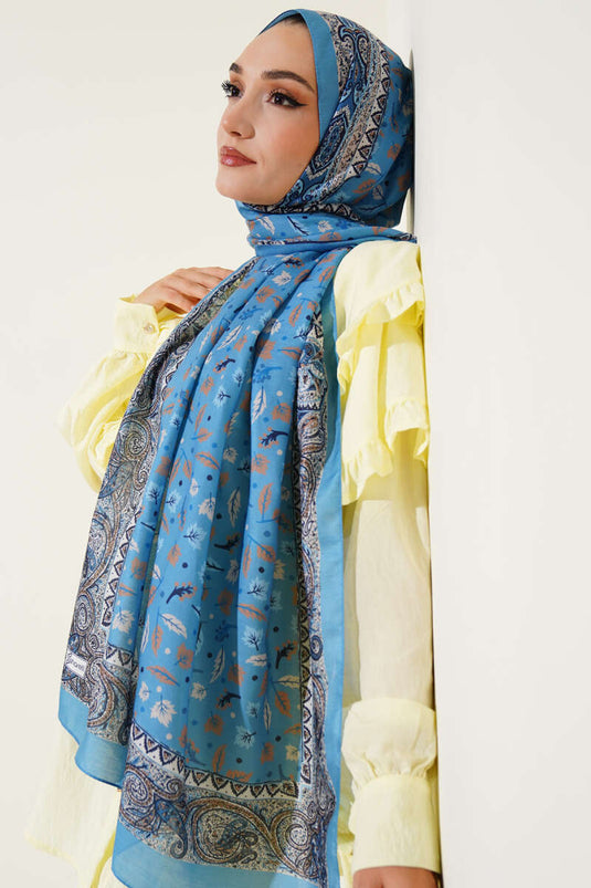Mini Yaprak Desenli Şal Soft Mavi