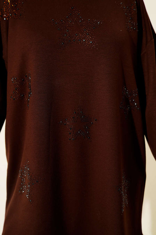 Mini Yıldız Taşlı Tunik Kahve