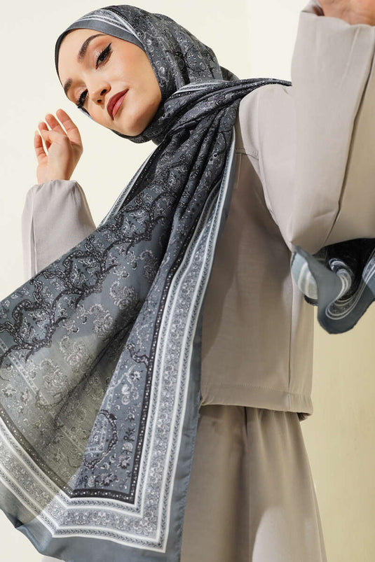 Écharpe Douce À Motif Floral Mini En Gris Fumé