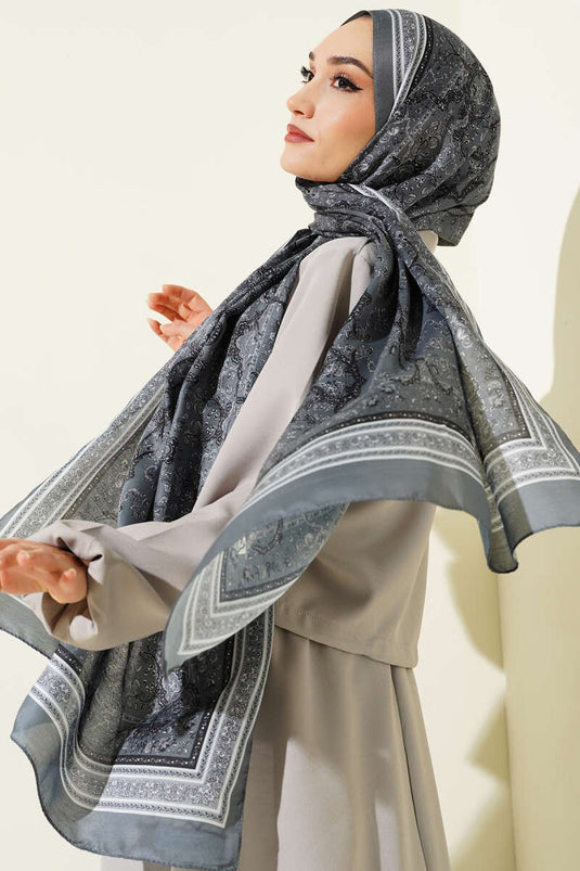 Écharpe Douce À Motif Floral Mini En Gris Fumé