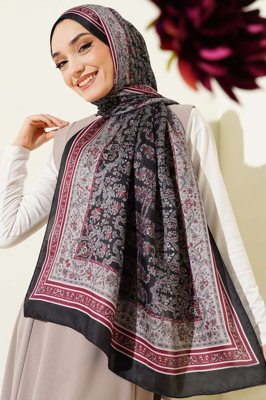 Mini Floral Patterned Soft Shawl Black Burgundy