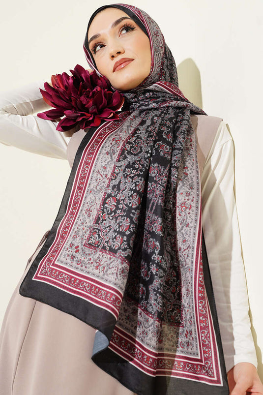 Mini Floral Patterned Soft Shawl Black Burgundy