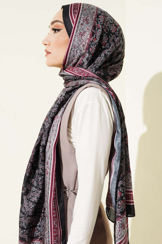 Mini Floral Patterned Soft Shawl Black Burgundy