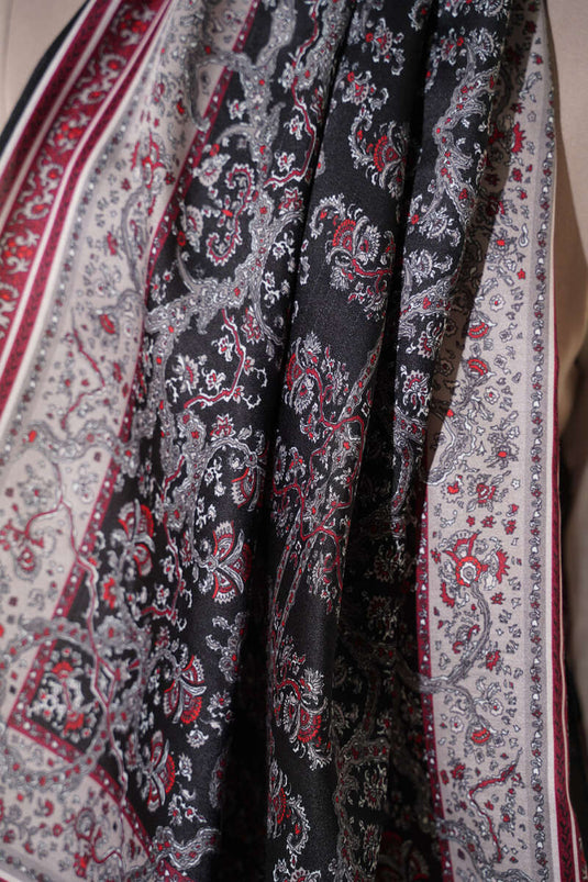 Mini Floral Patterned Soft Shawl Black Burgundy