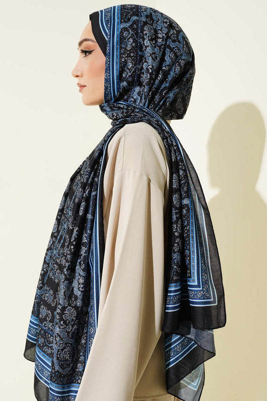 Sciarpa Morbida Con Motivo Floreale Piccolo Nero Blu