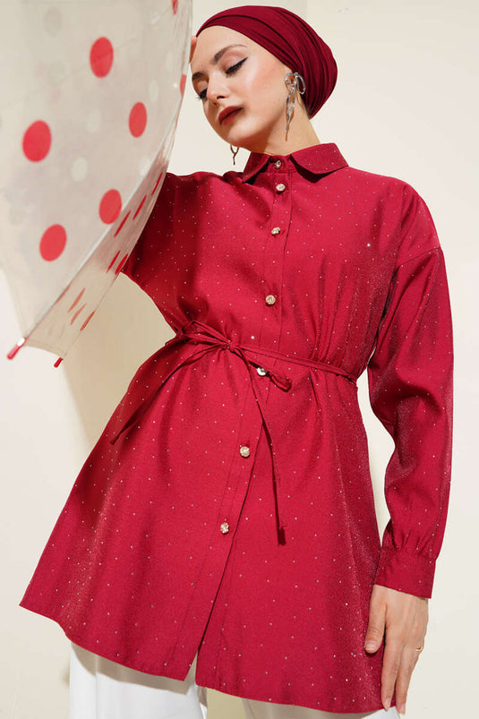 Hemd mit kleinen Steinverzierungen, burgunderrot