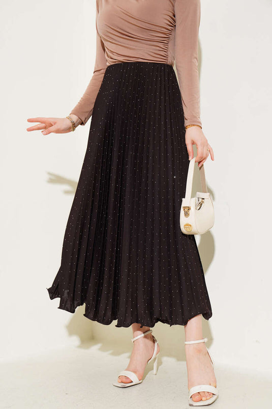 تنورة مطوية مع أحجار صغيرة، بني مر