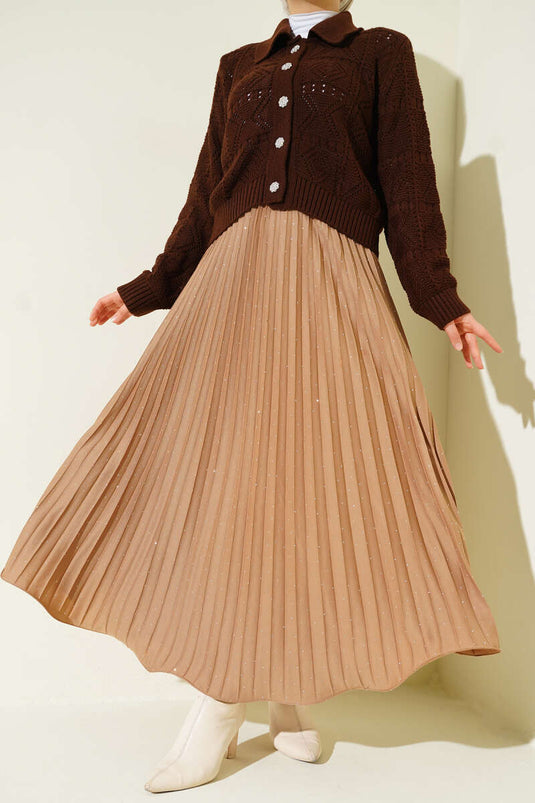 Tiny Embellished Pleated Skirt in Camel