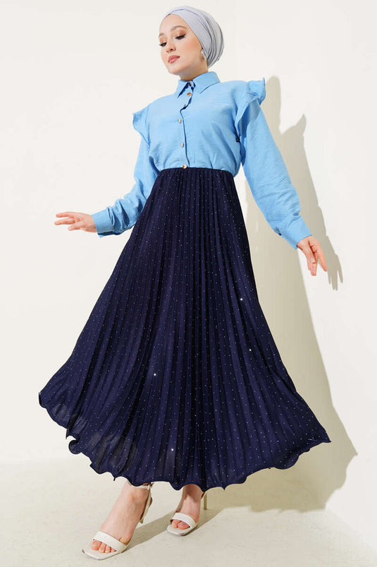 تنورة مطوية بأحجار صغيرة، أزرق داكن