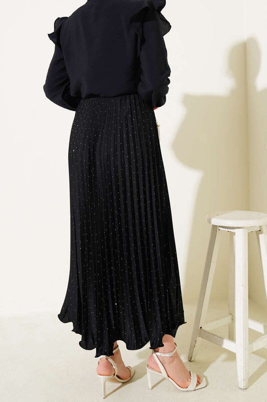 Minik Taşlı Pileli Etek Siyah