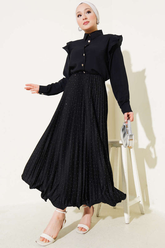 Minik Taşlı Pileli Etek Siyah