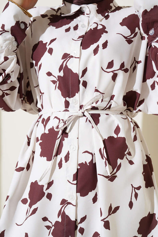 Chemise ceinturée à petits motifs de feuilles, couleur café