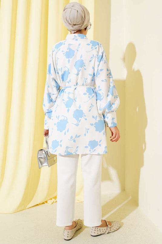 Minik Yaprak Desenli İp Kuşaklı Gömlek Mavi