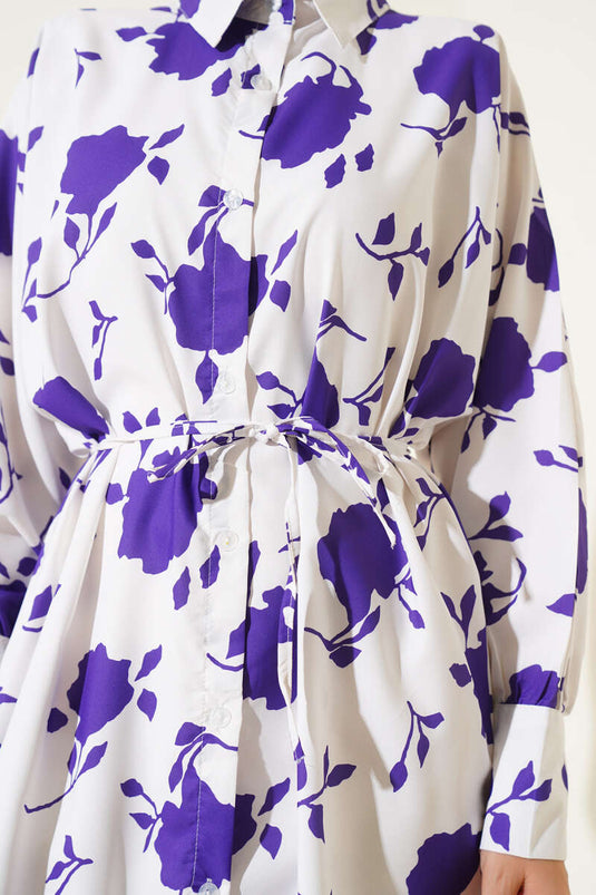 Chemise violette à motif de petites feuilles et cordon de serrage