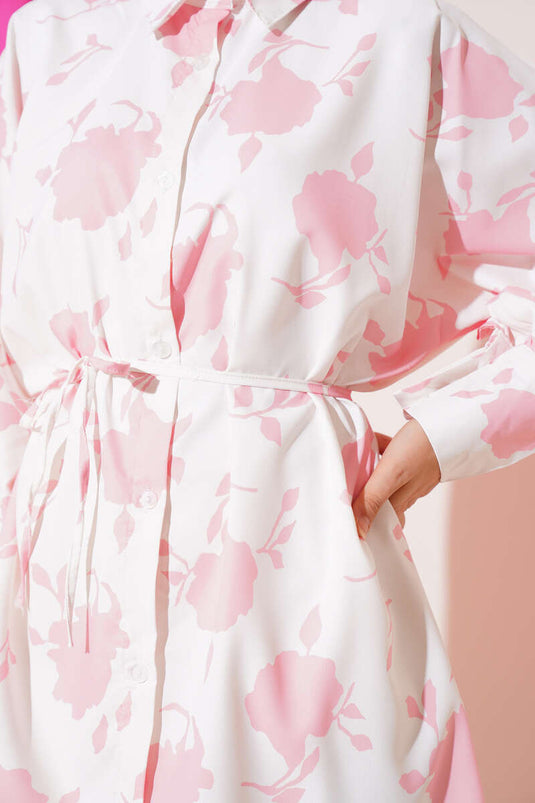 Chemise rose à petits motifs de feuilles et cordon de serrage