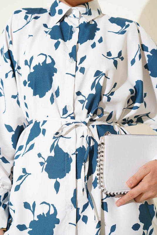 Chemise ceinturée à motif de petites feuilles, couleur pétrole