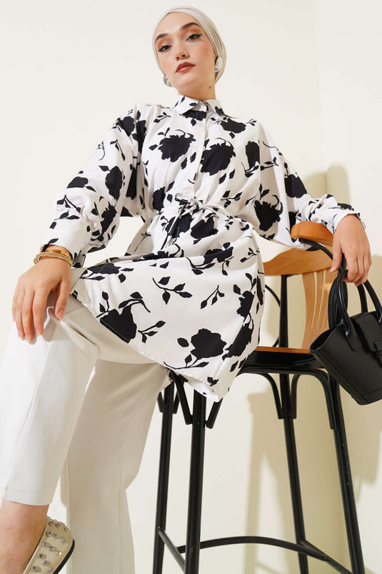 Chemise ceinturée à motif de petites feuilles, noire