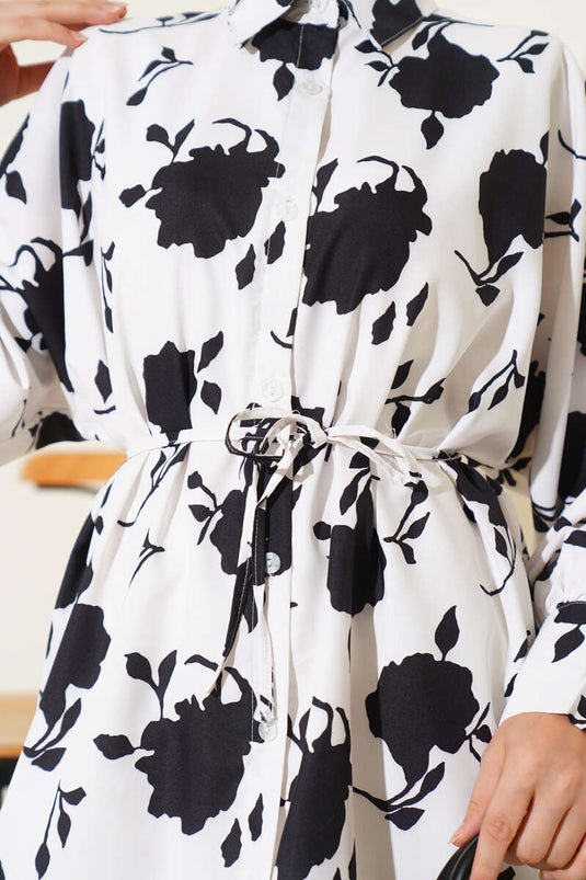 Chemise ceinturée à motif de petites feuilles, noire