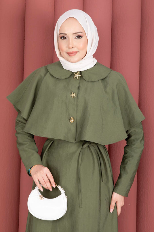 Minimal Cape Detailed Tie Dress in Pistachio Green