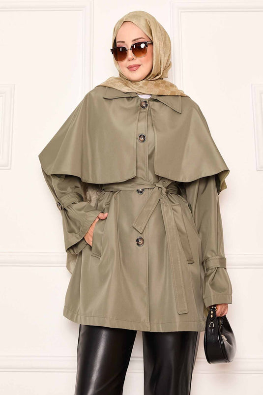 Trench-coat minimaliste à ceinture et détails cape vert amande