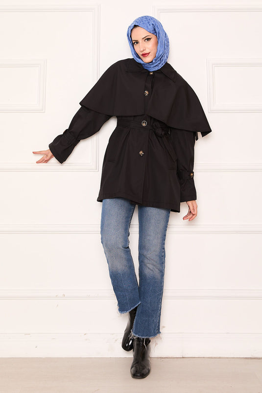 Trench-coat minimaliste avec ceinture et détails cape noir