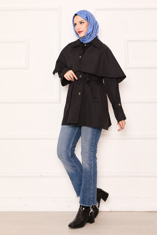 Trench-coat minimaliste avec ceinture et détails cape noir